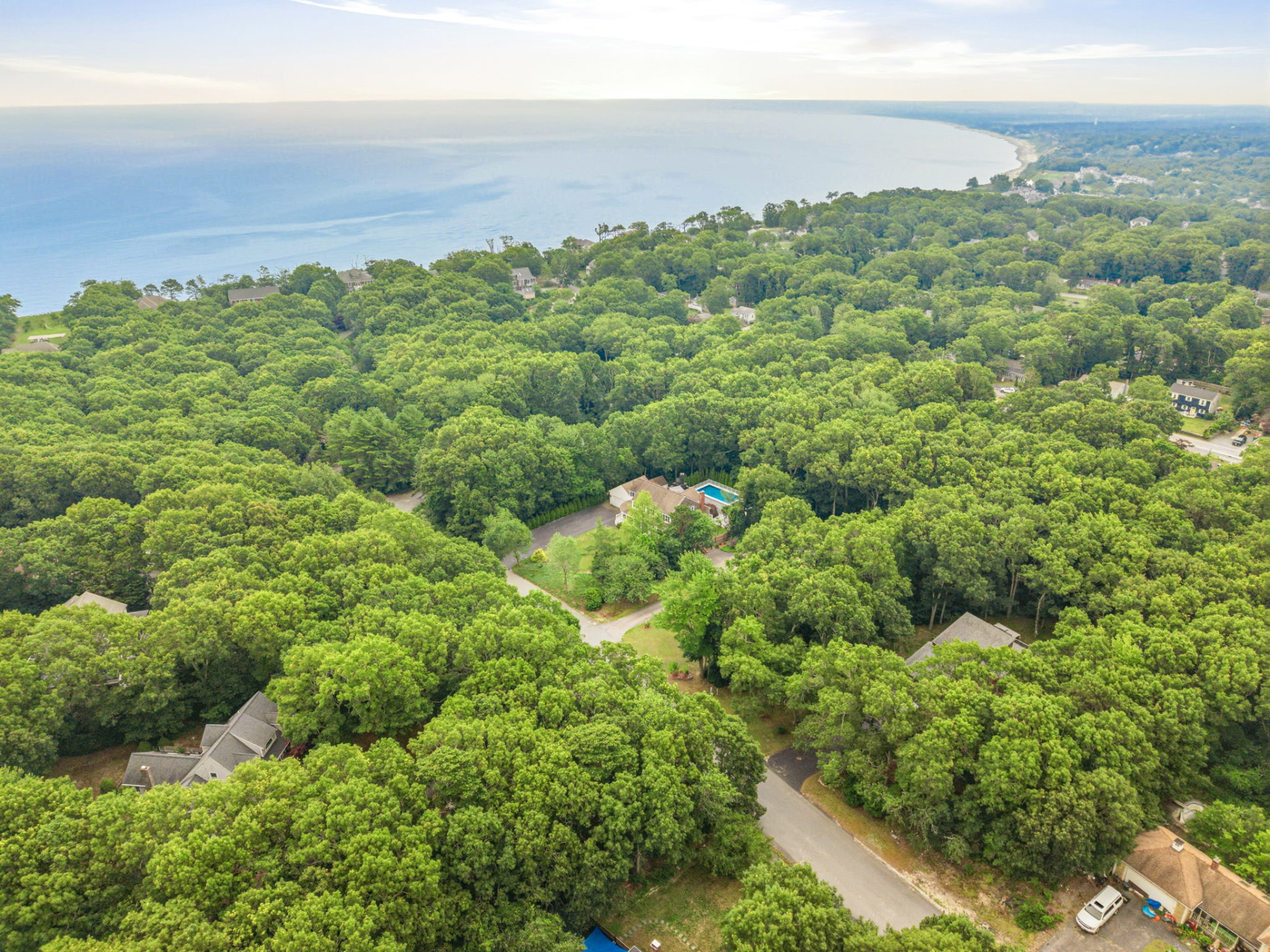 Aerial view toward Plymouth's coastline
